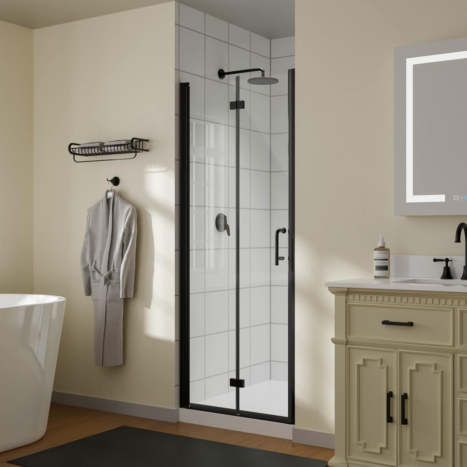 Bifold Frameless Glass Shower Door 32 in.W x 72 in.H Pivot Swing Shower Doors with 1/4 in. Clear Tempered Shower Glass Panel in Matte Black Semi-Frameless Shower Door