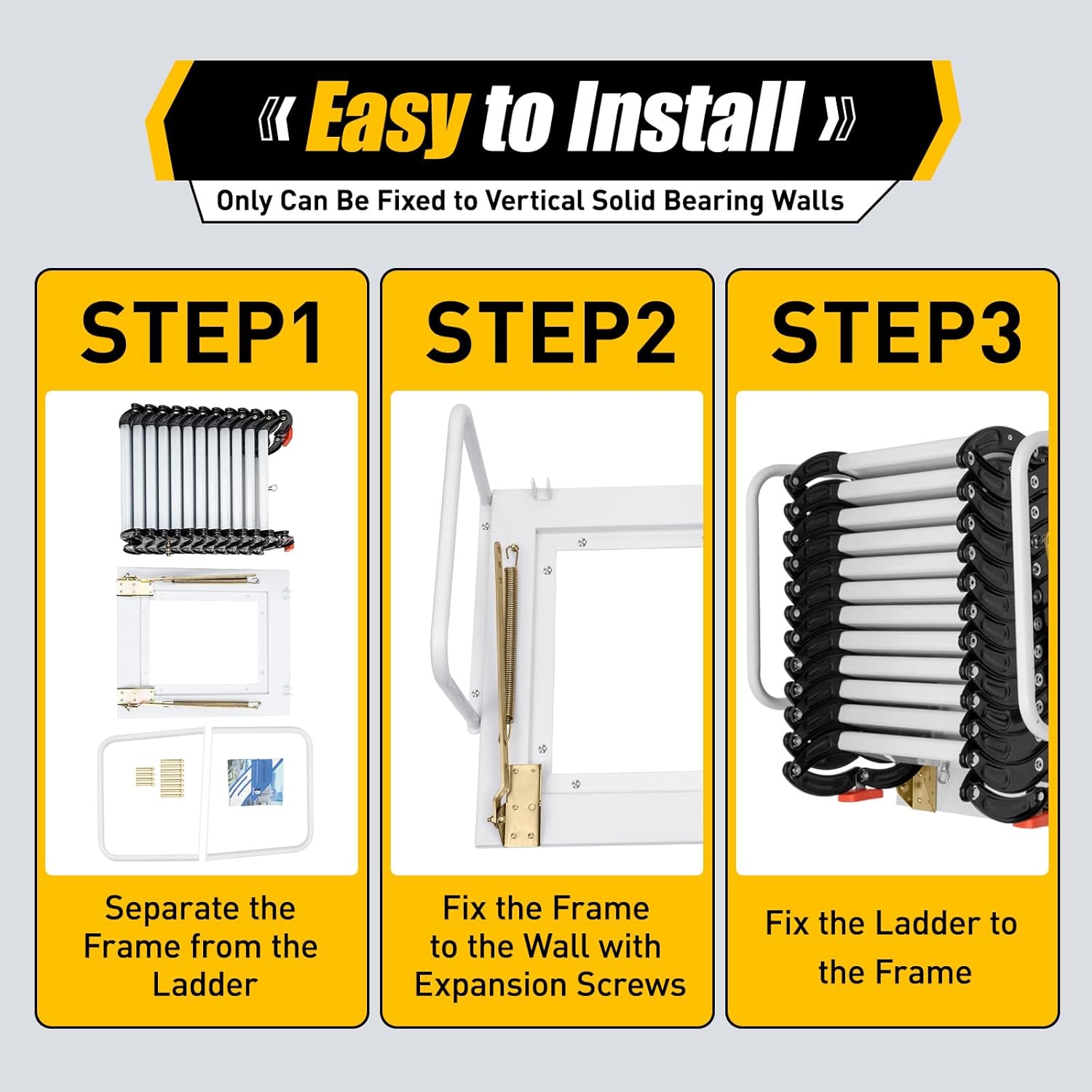 Wall Mounted Folding Ladder, 9.5ft 12steps Attic Loft Ladder Stair Attic Pull down Stair for Cottage Basement Retractable Attic Ladder with Armrests, 882 lbs Load-bearing(Black+White)