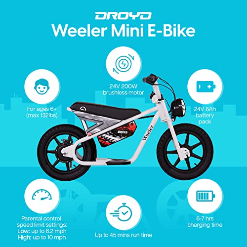 Weeler Electric Mini Bike - Electric Bike for Kids Ages 6 & Up - 200W Electric Bike w 6.2-10MPH up to 8 Miles - E Bike for Kids up to 45 Mins Run Time w 14in Tire, 24V 8Ah Battery