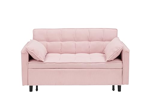 Pull-Out Corduroy Sofa Bed, 3-in-1 Convertible Sleeper Chair Couch Bed, Love seat Chaise Lounge with Side Pockets for Living Room, Bedroom, Office (Beige)