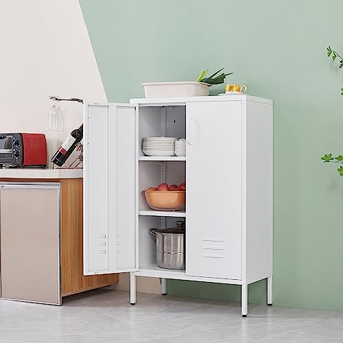 GREATMEET Metal Storage Cabinet Freestanding, Metal Locker Storage Cabinets with 2 Doors, Tall Accent Cabinet with 2 Adjustable Shelves, Metal Cabinet for Kitchen, Office, Livingroom, White