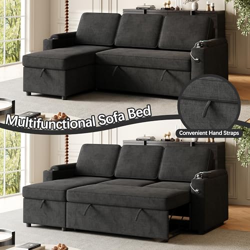 L-Shaped Sofa Couch Bed w/Chaise & Cup Holder, Convertible Sleeper Combo Sofa w/Pull Out Bed & Storage Space, 3 in 1 Fabric Pull Out Couch for Living Room, Dark Grey