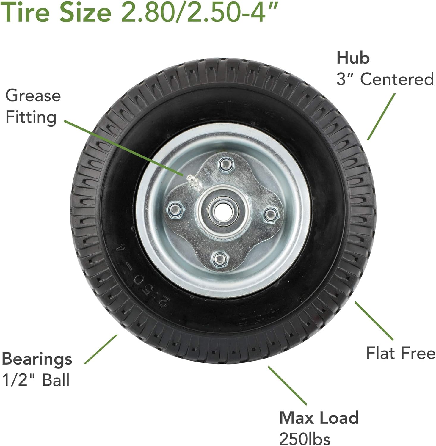 Marathon 2.80/2.50-4 Narrow Width Flat Free Hand Truck / Utility Cart Tire on Wheel, 3Centered Hub, 1/2 Bearings