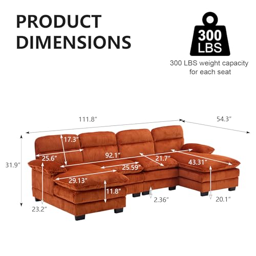 110" Sectional Sofa Cloud Couch for Living Room, Modern Corduroy U Shaped Couch, Comfy Modular Sofa Sleeper with Double Chaise & Memory Foam for Living Room Apartment（White）