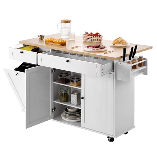 VEVOR Kitchen Island Cart with Solid Wood Top, 35.4" Width Mobile Carts with Storage Cabinet, Rolling Kitchen Table with Spice Rack, Towel Rack, and Drawer, Portable Islands on Wheels, White