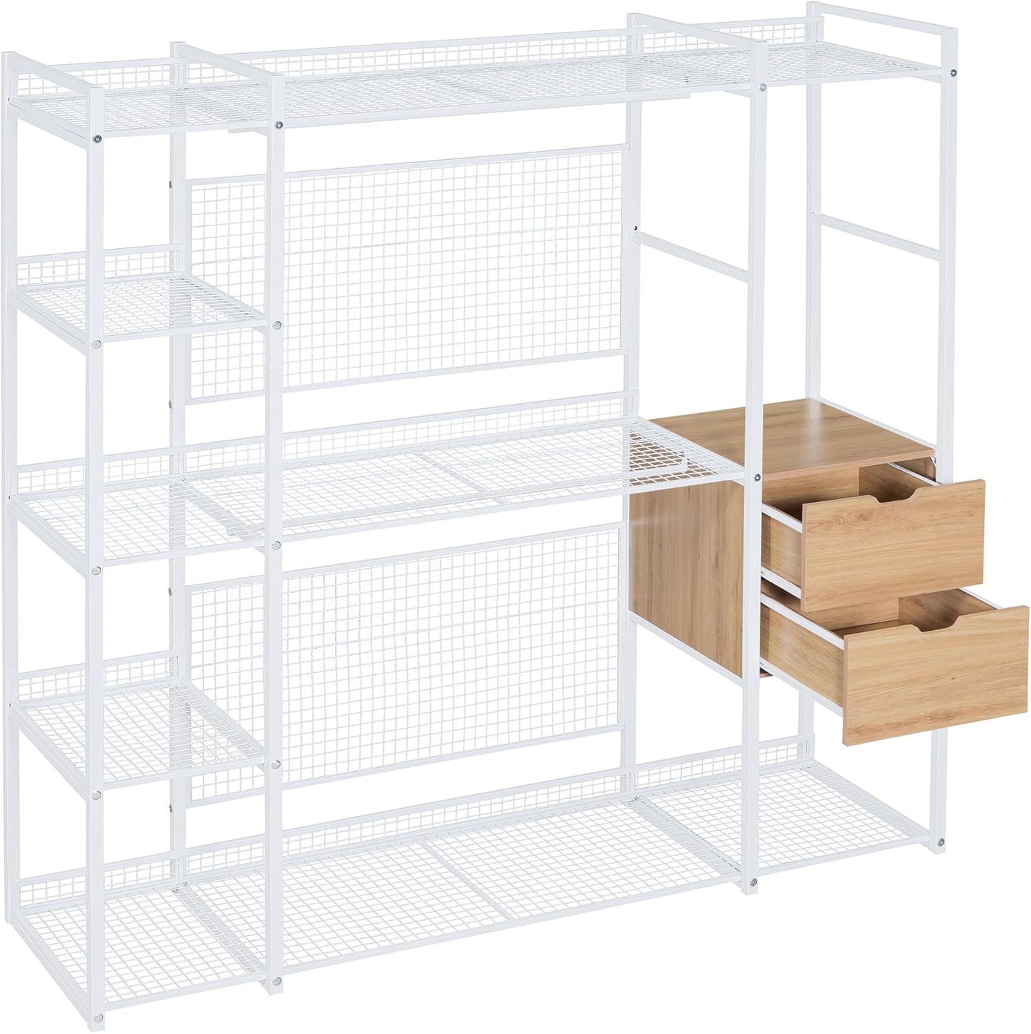 Open-Style Wardrobe with Hanging Rails, Shelves and 2 Drawers, Wardrobe Freestanding Closet Organizer, Industrial Wardrobe Clothes Rack, Metal Storage Wardrobe for Bedroom, Space-Saving