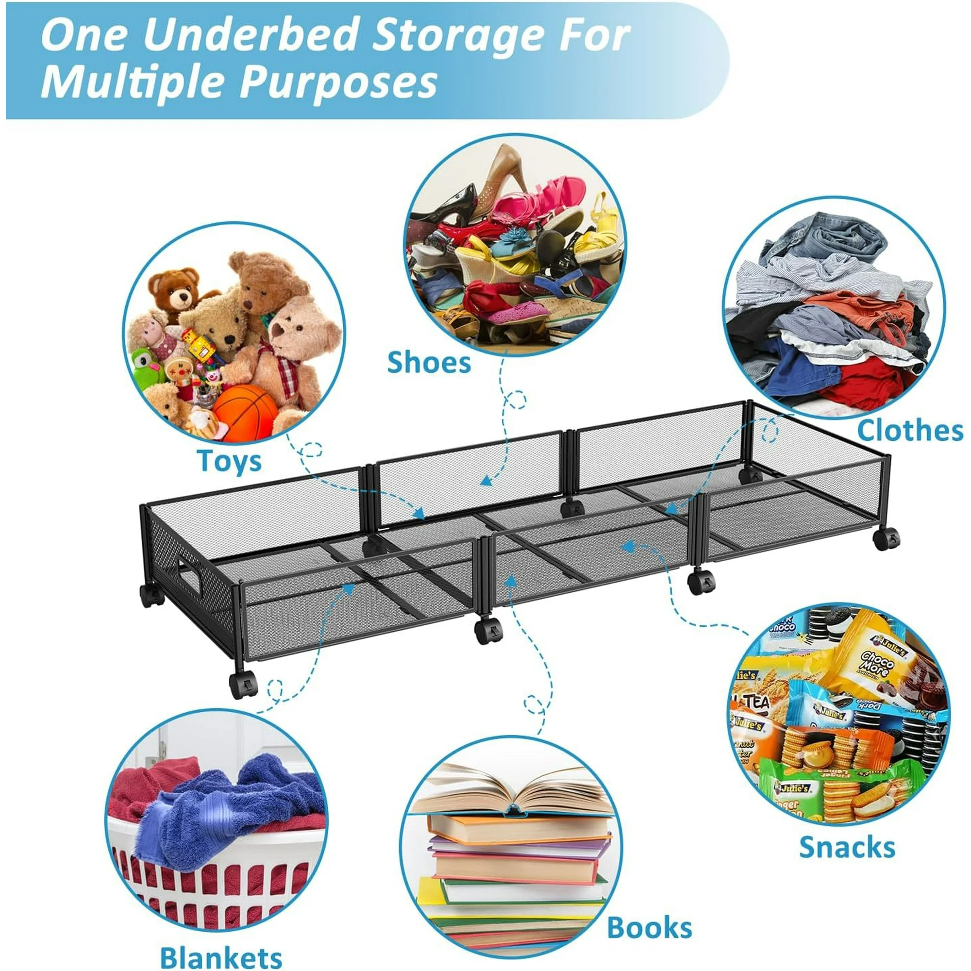 47.2'' Long Under Bed Storage on Wheels, 57.6L Large Capacity Rolling Under the Bed Storage Containers, Tool-Free Assembly Foldable Underbed Shoes Clothes Toy Drawers