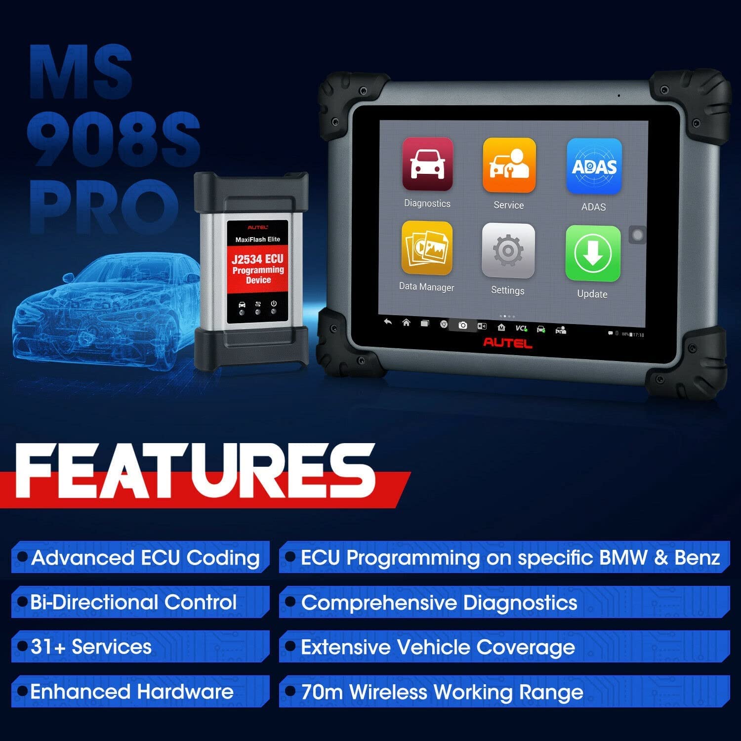 Autel Scanner MaxiSys MS908S Pro II Auto Diagnostic Scan Tool with J2534 ECU Programming, Update Version of MK908P/MK908