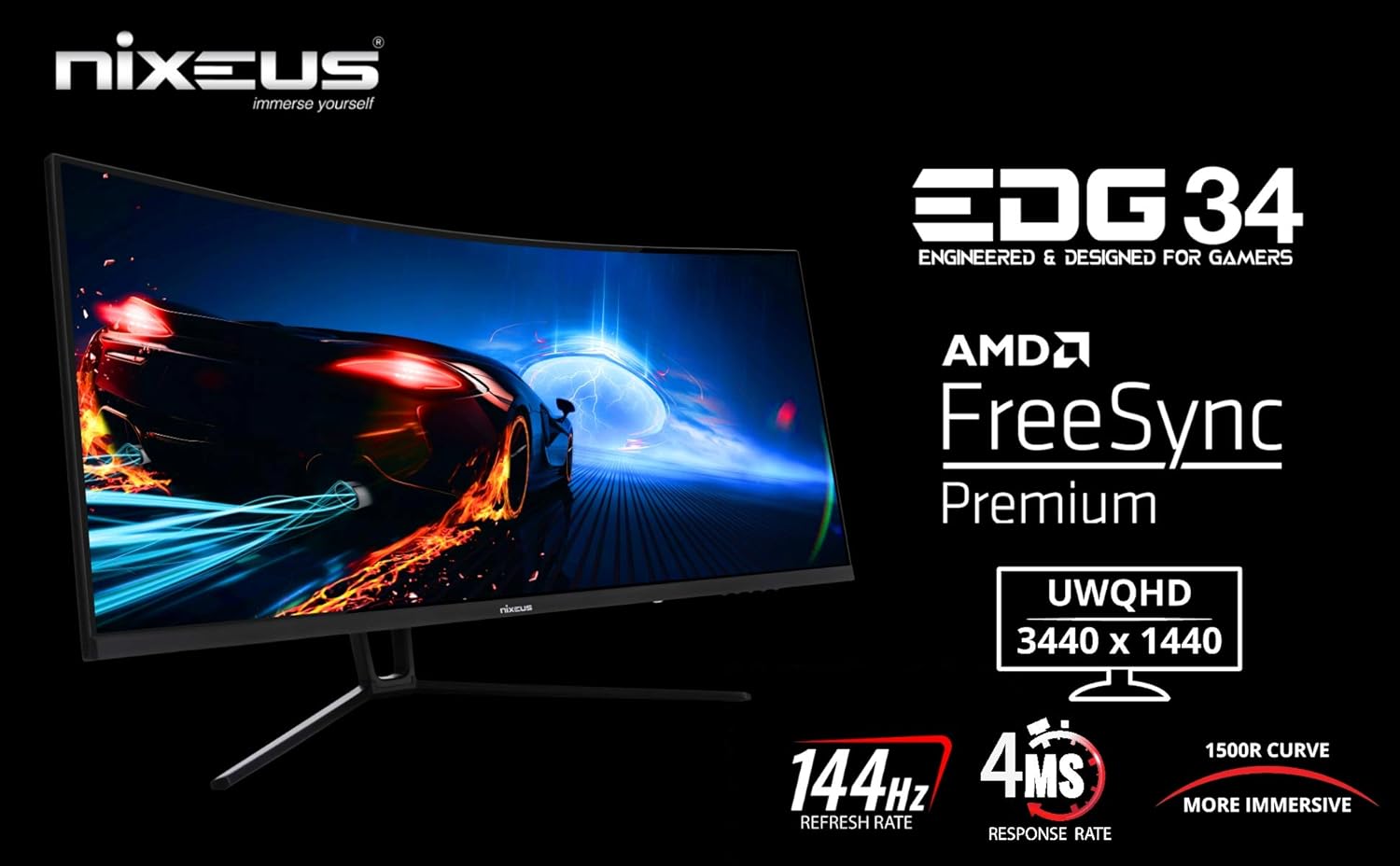 Nixeus EDG 34” Ultrawide 3440 x 1440 AMD Radeon FreeSync Certified 144Hz 1500R Curved Gaming Monitor with Tilt Only Stand (NX-EDG34S)