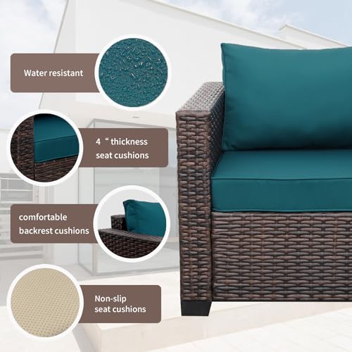 Valita Patio Rattan Furniture Set 4-Piece Outdoor PE Wicker Conversation Couch, Brown Sectional Sofa Couch with Storage Coffee Table Non-Slip and Washable Royal Blue Cushions