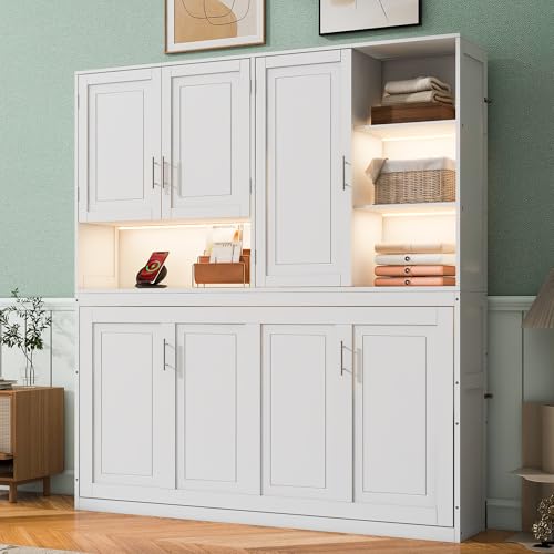SOFTSEA Twin Murphy Bed with Storage Bookcase and Shelves, Horizontal Wall Bed with LED Light & Charging Stations, Space-Saving for Living Room, Guest Room, Bedroom, Office, Grey