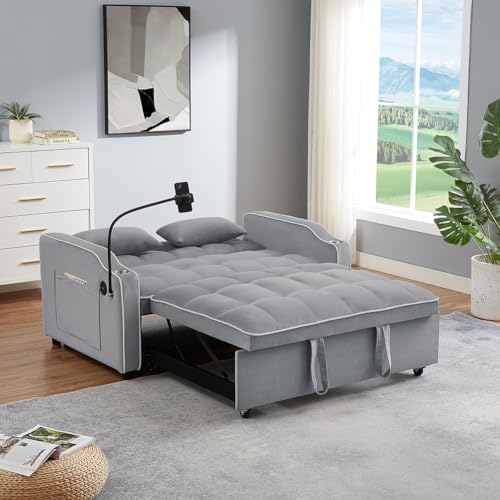 3-in-1 Velvet Pull Out Couch in 3 Lengths,with Adjustable Backrest, Storage Pockets & Pillows Convertible Sleeper Sofa Bed