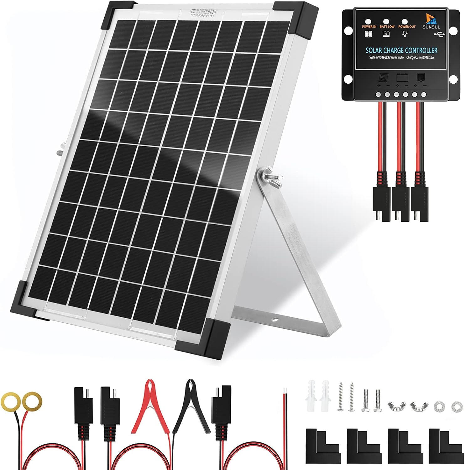 SUNSUL 30 Watt 12V Solar Panel Kit Battery Maintainer Trickle Charger, with Waterproof 5A 12V/24V PWM Solar Charge Controller and Adjustable Solar Panels Mount Rack Bracket (30 Watt with Accessories)