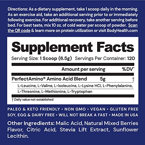 BodyHealth PerfectAmino Powder Mixed Berry (120 Servings) Best Pre/Post Workout Recovery Drink, 8 Essential Amino Acids Energy Supplement with 50% BCAAs, 100% Organic, 99% Utilization