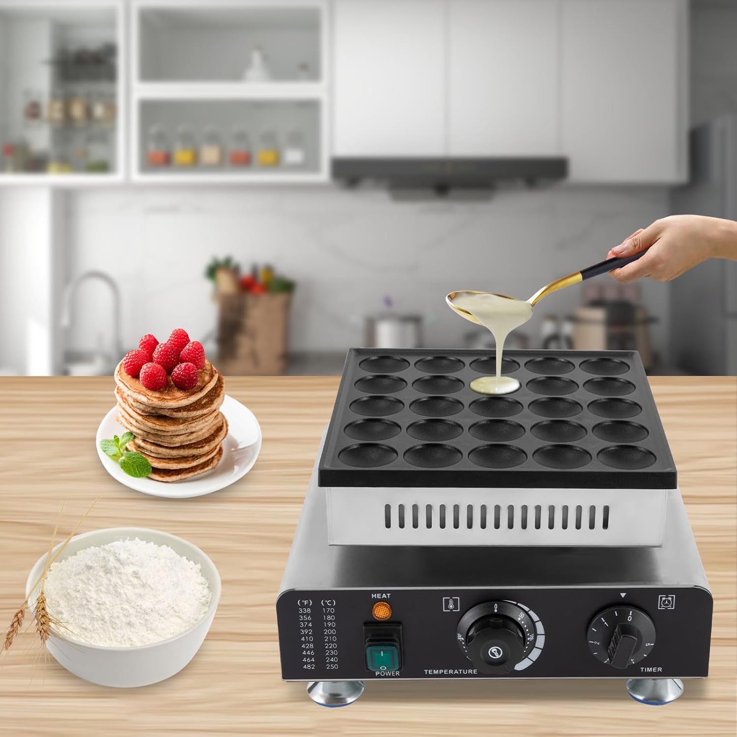 Mini Dutch Pancake Maker 25PCS, Commercial Non-stick Pancake Baker Machine 50-300℃ Electric Muffin Maker Stainless Steel for Home Kitchen, Cafe or Restaurant, 110V