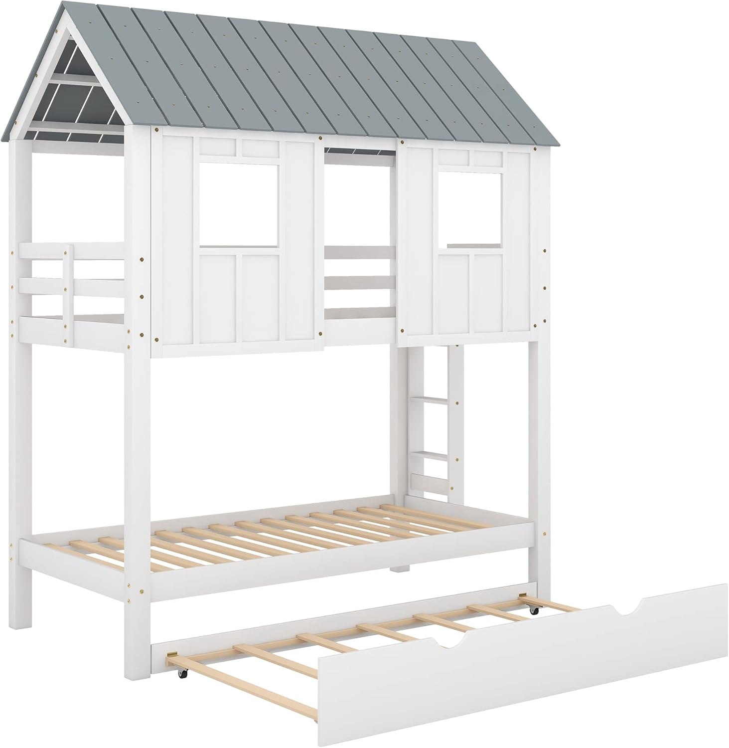 Twin Over Twin House Bunk Beds with Trundle, Wood Bed Frames with Two Front Windows and Roof for Toddlers/Boys/Girls, White