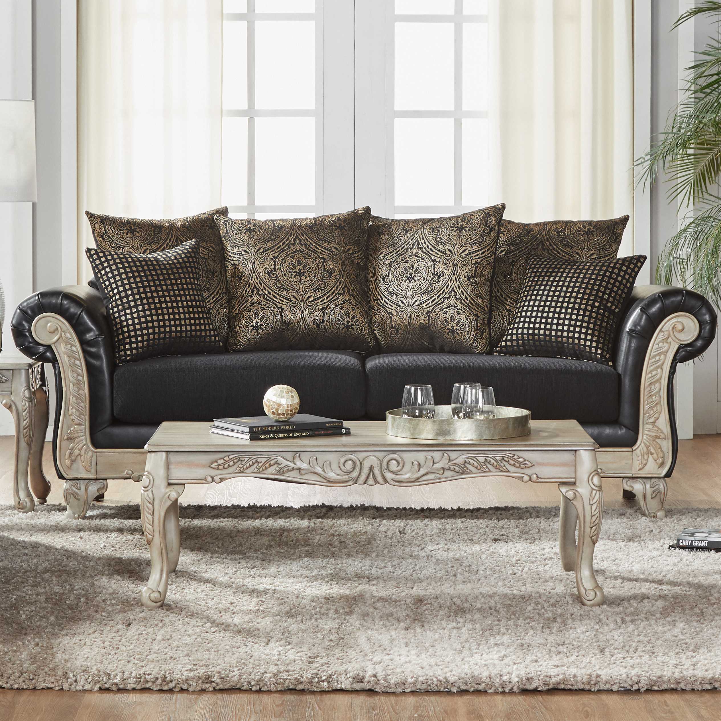 Roundhill San Marino Wood Frame Faux Leather Sofa and Loveseat with 3-Piece Tables Set