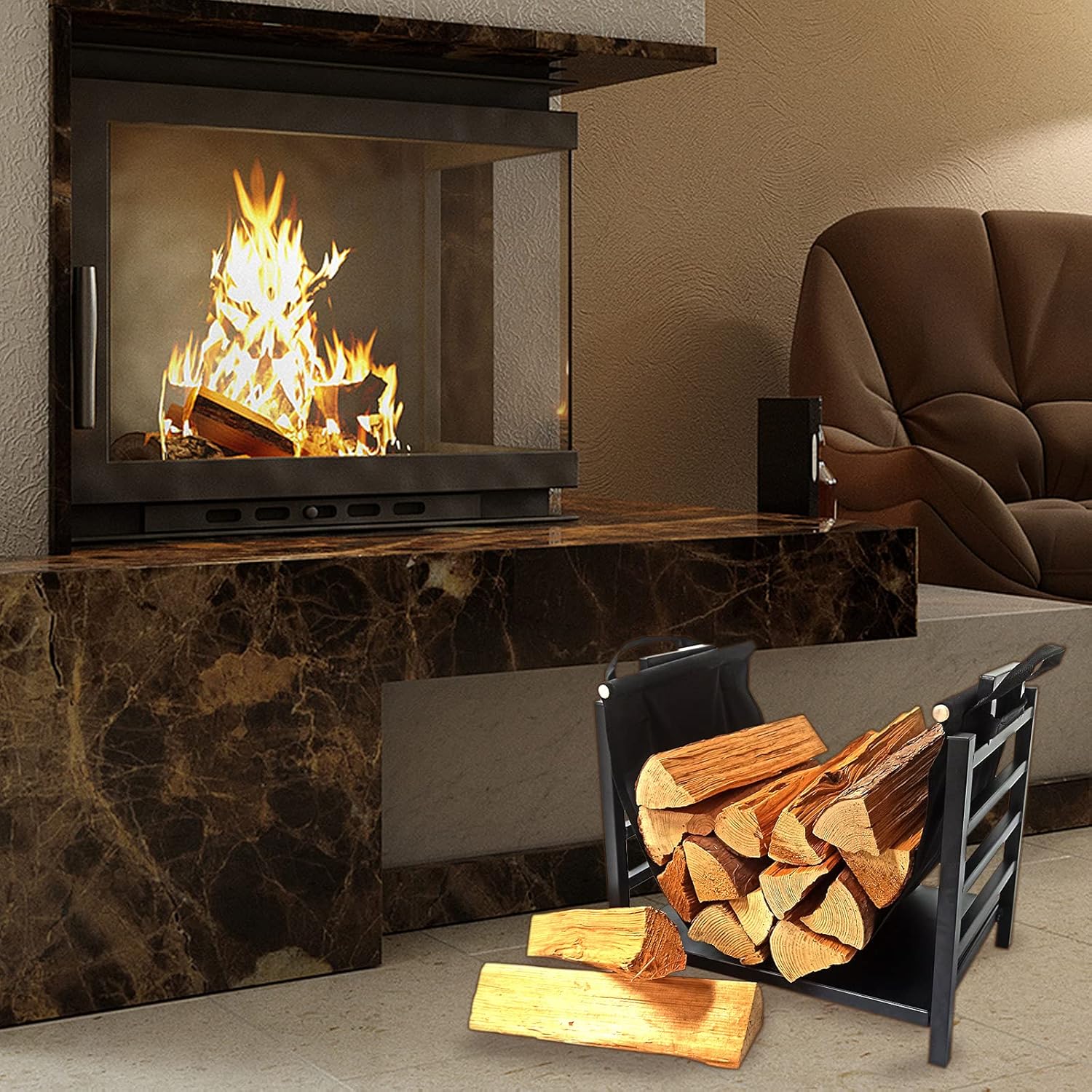 Meordi 17"metal wood rack,heavy duty wood rack for fireplace indoor,wood holders firewood small,modern log racks indoor for firewood tragbar