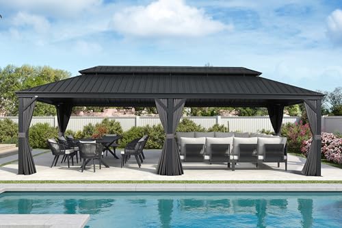 PURPLE LEAF 10' X 14' Permanent Hardtop Gazebo Aluminum Gazebo with Galvanized Steel Double Roof for Patio Lawn and Garden, Curtains and Netting Included, Grey