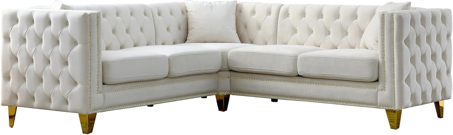 Bellemave L-Shaped Chesterfield Couch with Metal Legs and Nail Heads, Velvet Corner Sofa 5-Seater Sofas with 3 Cushions for Living Room, Bedroom, Apartment, Office(Beige)