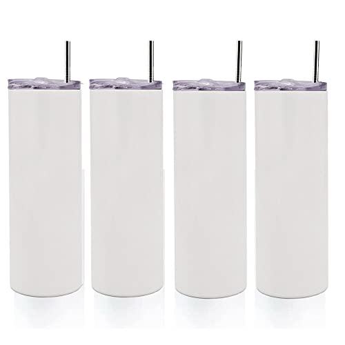 QOMOLANGMA Sublimation 20 oz Skinny Straight Tumbler Blank Stainless Steel Insulated Water Bottle Double Wall Vacuum Travel Cup With Sealed Lid and Straw White US Stock (25PCS)