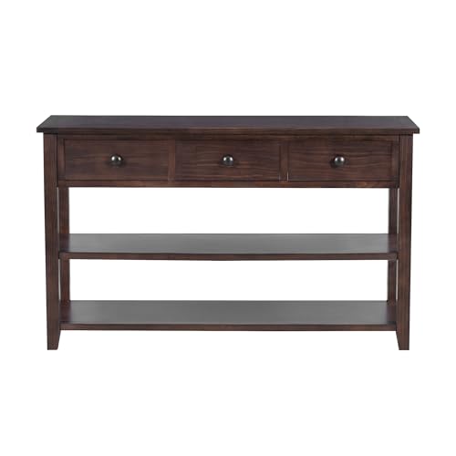 LUMISOL Retro Design Entryway Table with Storage Drawers and Shelves, Console Table with Pine Solid Wood Frame and Legs for Living Room, Espresso