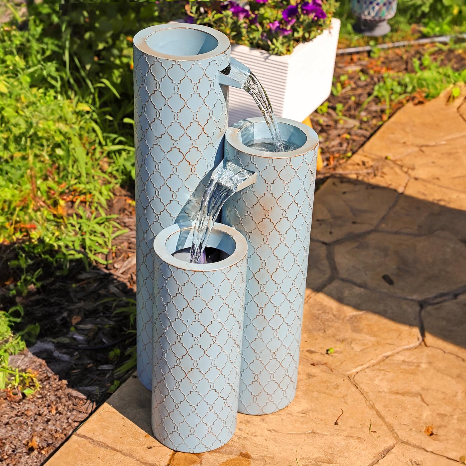 Sunnydaze Moroccan Trellis 3-Column Modern Outdoor Water Fountain - Zinc Cascading Outdoor Fountain - 27.5-Inch