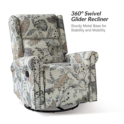 HULALA HOME Printed Fabric Set of 2 Manual Swivel Glider Recliner, Recliner Chair with Adjustable Backrest&Footrest, Wingback Rocker Recliner, Armchair Sofa 360 Degree Swivel for LivingRoom,BLK FLORAL