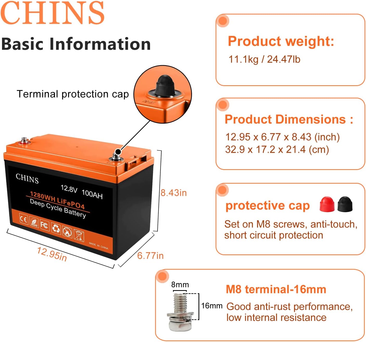 CHINS LiFePO4 Battery 12V 100AH Lithium Battery - Built-in 100A BMS, Perfect for Replacing Most of Backup Power, Home Energy Storage and Off-Grid etc.