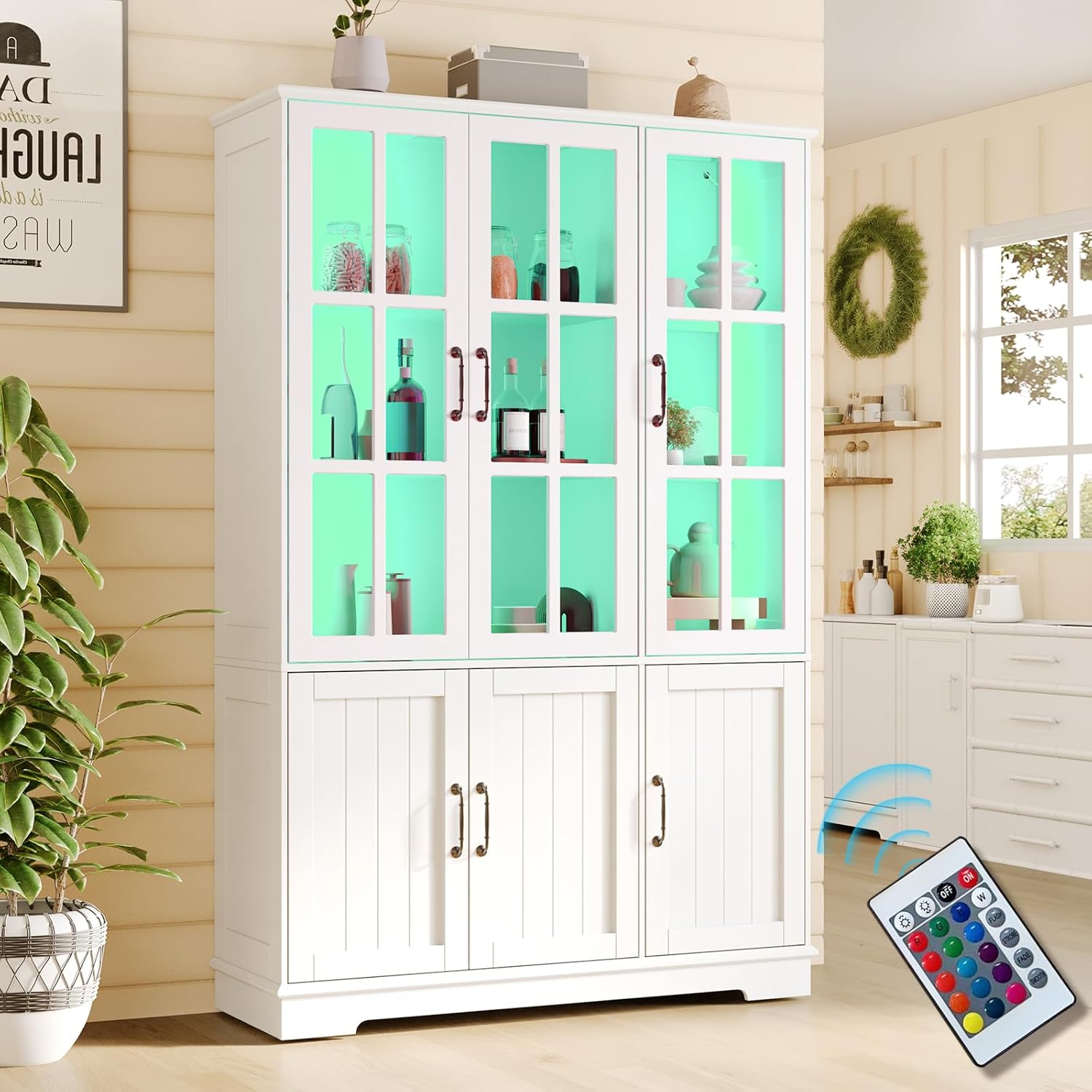 AMERLIFE 71" Tall Storage Cabinet with LED Lights, 5 Tier Large Modern Wood Kitchen Pantry with Acrylic Glass Doors & Shelves, Display Cabinet for Living Room, Dining Room, Bathroom, 6 Doors White