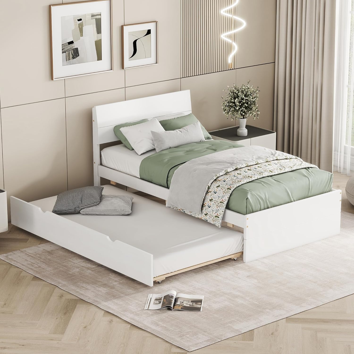 Modern Twin Bed Frame with Twin Trundle for White High Gloss Headboard and Footboard with Washed White Color