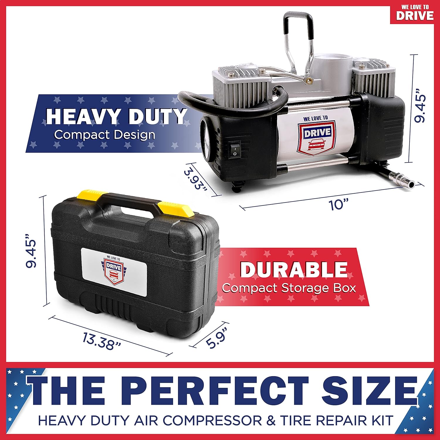 Air Pump and Tire Repair Kit �C 12V DC 150 PSI Portable Air Compressor & Car Emergency Kit with PSI Gauge, Adaptors, Hose, Car Plug, Clip Connectors, Tire Inflator & Tire Patch Kit by WE LOVE TO DRIVE