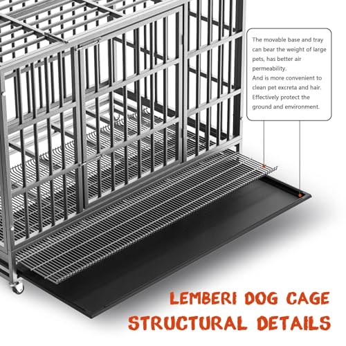 LEMBERI 48/38 inch Heavy Duty Indestructible Dog Crate, Escape Proof Dogs Cage Kennel with Lockable Wheels,High Anxiety Double Door Kennel,Extra Large Crate Indoor for Large Dog with Removable Tray