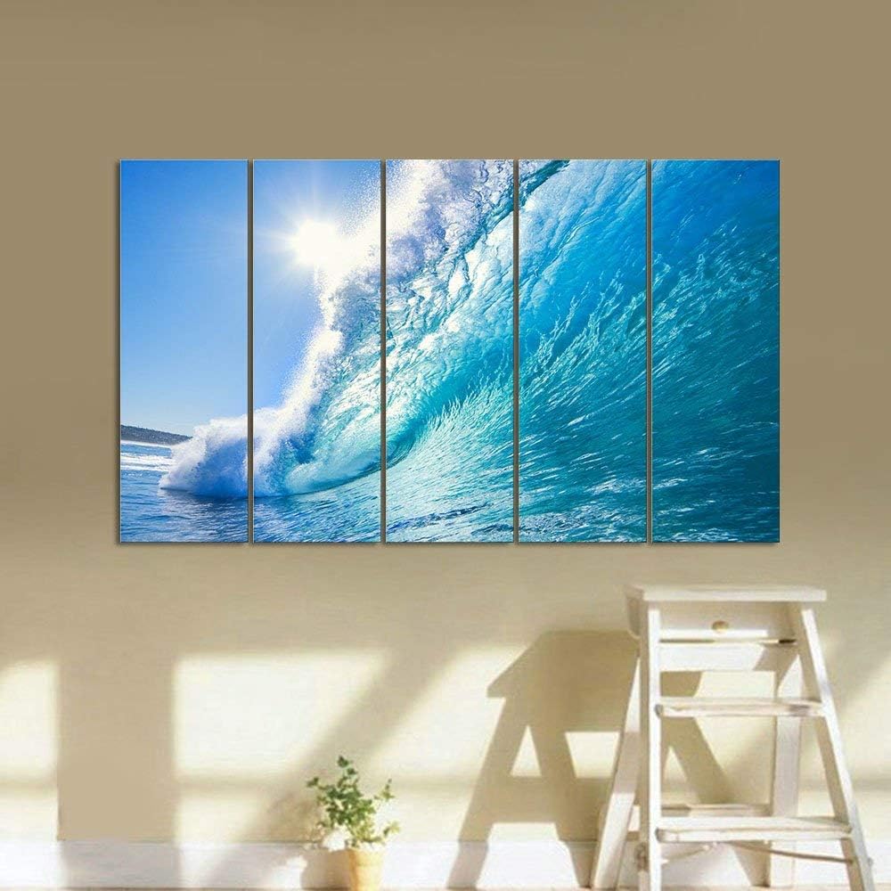 Wieco Art Sea Waves Large 5 Piece Modern Framed Giclee Canvas Prints Seascape Artwork Ocean Beach Pictures Paintings on Canvas Wall Art Ready to Hang for Living Room Bedroom Home Office Decorations