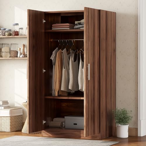 Merax Wooden Armoire with Big Drawer, Hanging Rail and 5 Shelves Accent 2 Doors Wardrobe Closet Organizer，Tall Clothes Storage Cabinet for Bedroom & Living Room, Easy Assembly, White