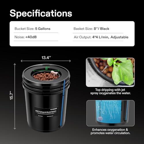 VIVOSUN DWC Hydroponics Grow System with Top Drip Kit, 5-Gallon Deep Water Culture, Recirculating Drip Garden System with Multi-Purpose Air Hose, Air Pump, and Air Stone (4 Buckets + Top Drip Kit)
