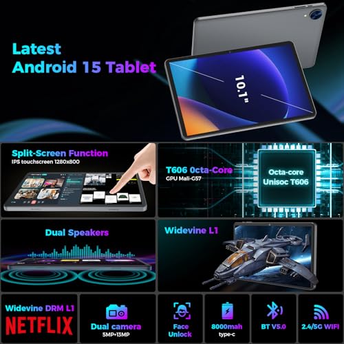 Android 15 Tablet with Keyboard, 26GB RAM, 256GB ROM(2TB Expand), 10.1 inch Octa-Core Tablets, 5G/2.4G WiFi, 8000mAh Battery, BT 5.0, GMS Certified, with Mouse, Case, Stylus, Split screen(Green)