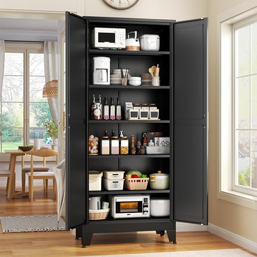 75.2" Tall Metal Pantry Cabinet, Storage Cabinets with 4 Door and 4 Adjustable Shelves, Black Kitchen Pantry Storage Cabinet, Freestanding Cupboard for Kitchen Dining Room Living Room Bathroom
