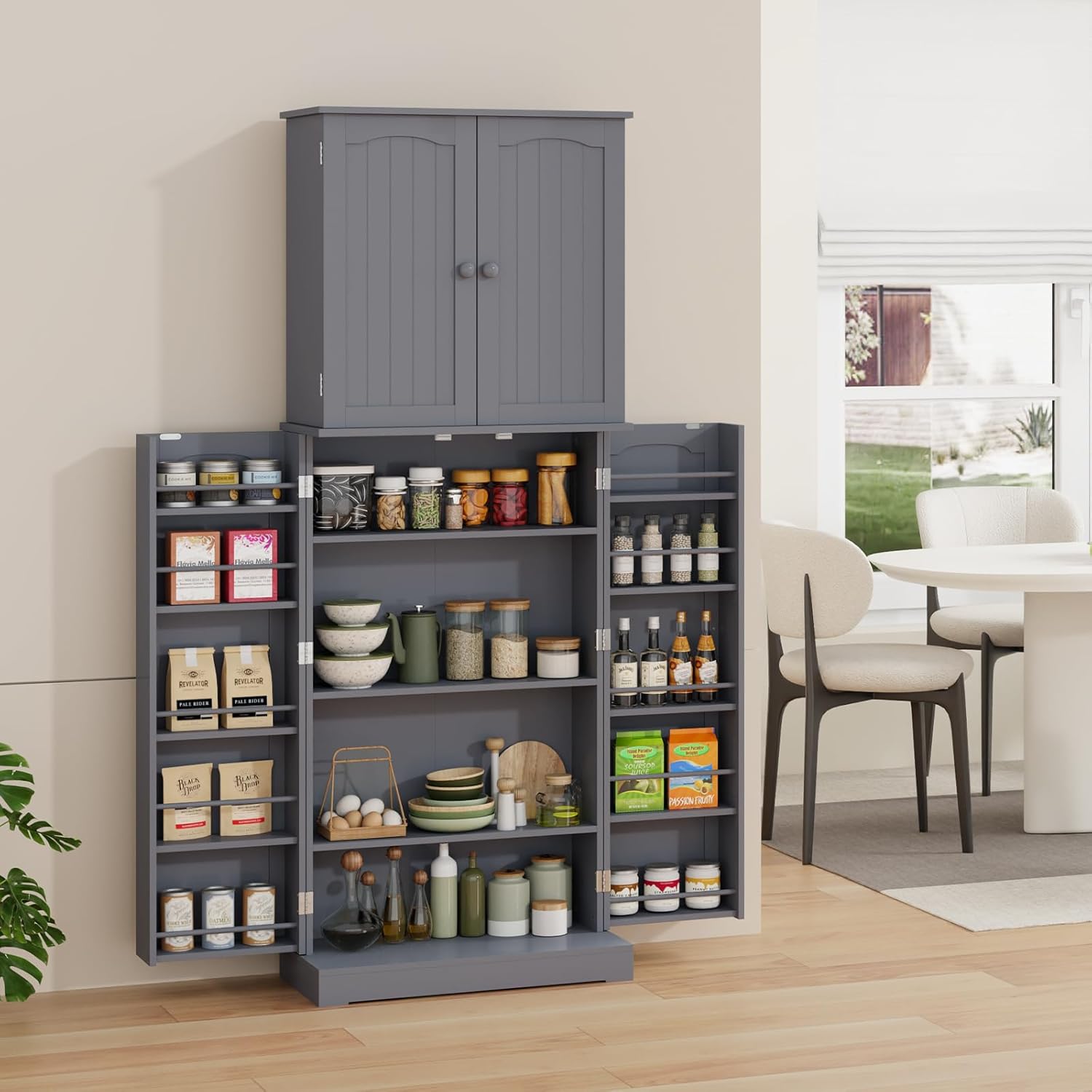 HOME BI 64" Kitchen Pantry Cabinet, Tall Freestanding Pantry Storage Cabinet, Food Pantry Cabinets with Doors and Shelves for Home Kitchen, Dining Room, Living Room, Gray.