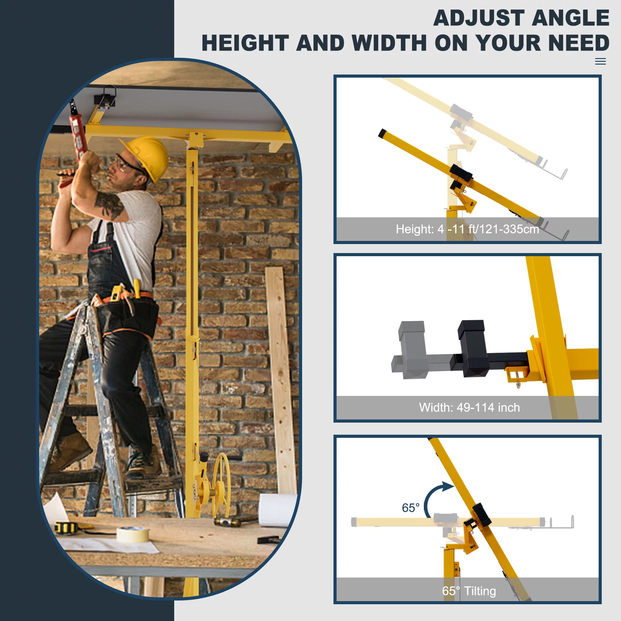 Ufurpie 11FT Drywall Rolling Lifter Panel,Sheetrock Lift, 150lb Weight Capacity Panel Hoist Jack Tool, Steel Material w/Telescopic Arm & 3 Lockable Wheels,Yellow