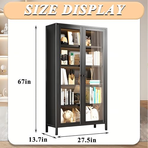 Display Cabinet with Glass Doors, 5 Tier Metal Storage Cabinet Curio Display Cabinet with Adjustable Shelves, Large Capacity Collectibles Toy Display Case for Living Room