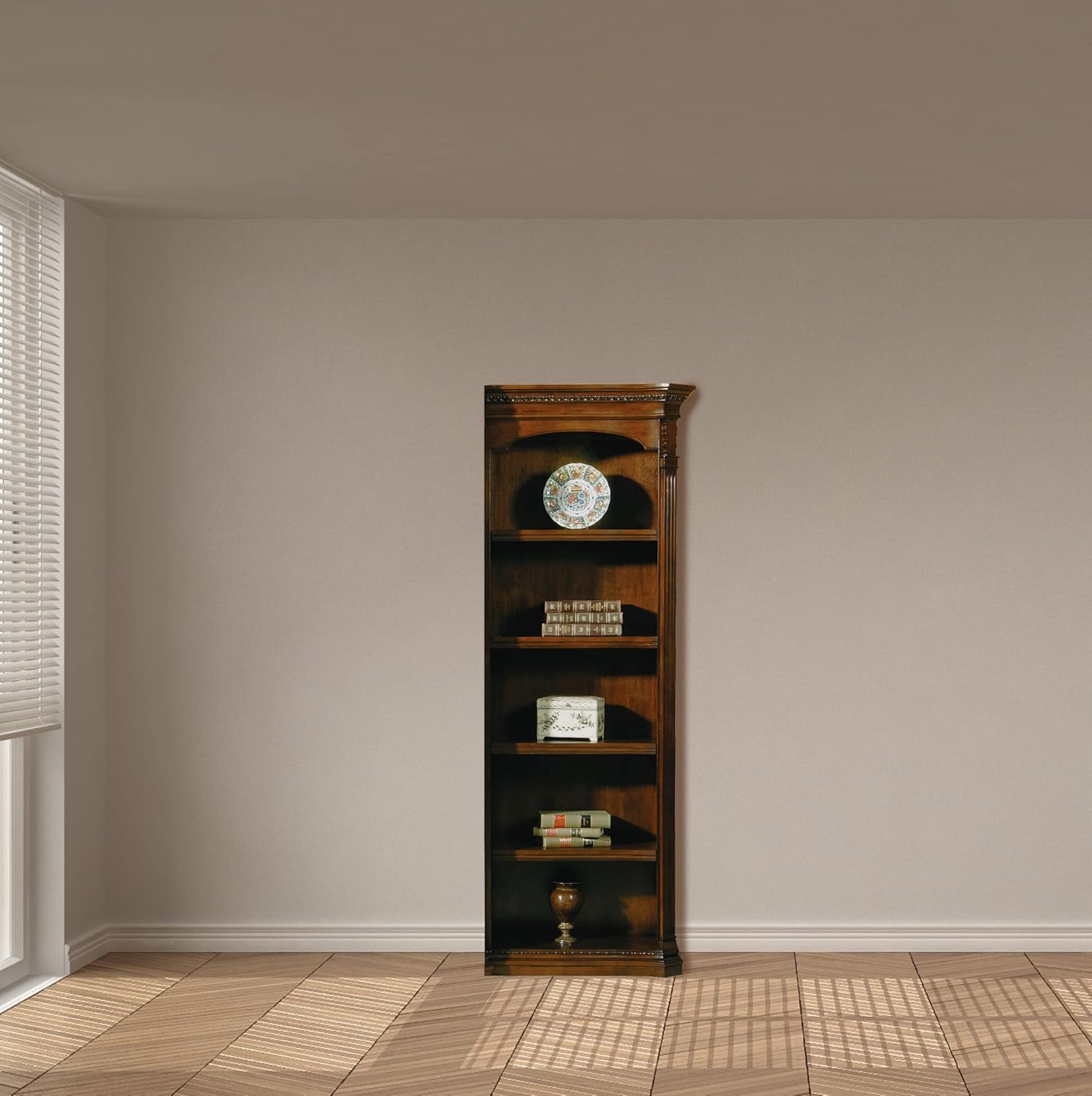 Hekman Furniture Old World Walnut Right Pier Bookshelf– Old World Walnut Burl Finish, 5 Storage Shelves, Select Solids with Burl & Flat Cut Walnut Veneers, Mid Century Home Living Room Furniture