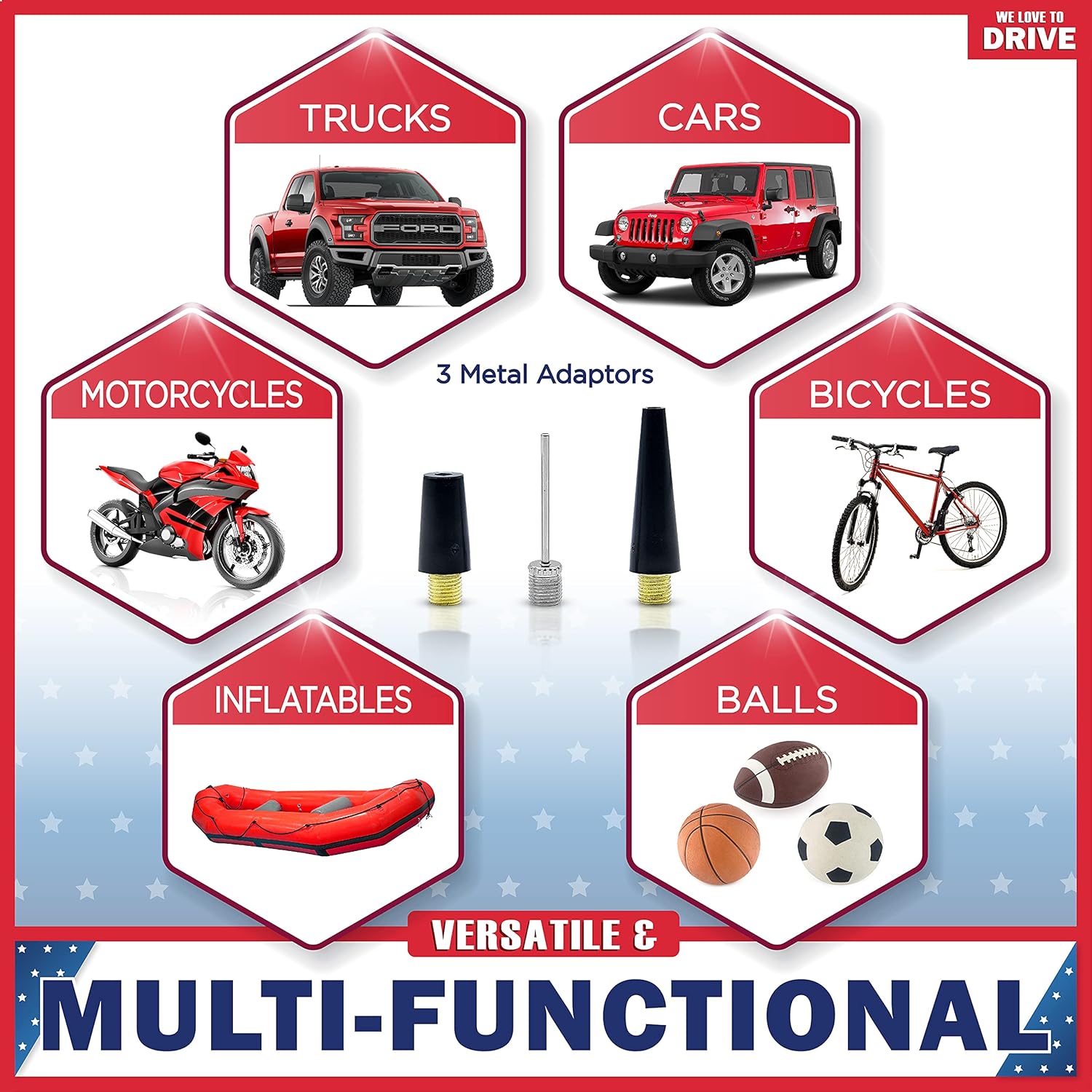 Air Pump and Tire Repair Kit �C 12V DC 150 PSI Portable Air Compressor & Car Emergency Kit with PSI Gauge, Adaptors, Hose, Car Plug, Clip Connectors, Tire Inflator & Tire Patch Kit by WE LOVE TO DRIVE