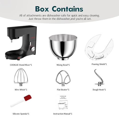COOKLEE Stand Mixer, 9.5 Qt. 660W Electric Kitchen Mixer with Dishwasher-Safe Dough Hooks, Flat Beaters, Wire Whip & Pouring Shield Attachments for Most Home Cooks, Silver