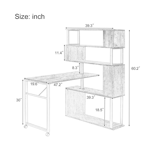 L Shaped Computer Desk Corner Table, Rotating with Bookshelf for Home Office, Lockable Casters, Modern Design, MDF and Steel Frame, Compact Desk, Easy Assembly (Brown)