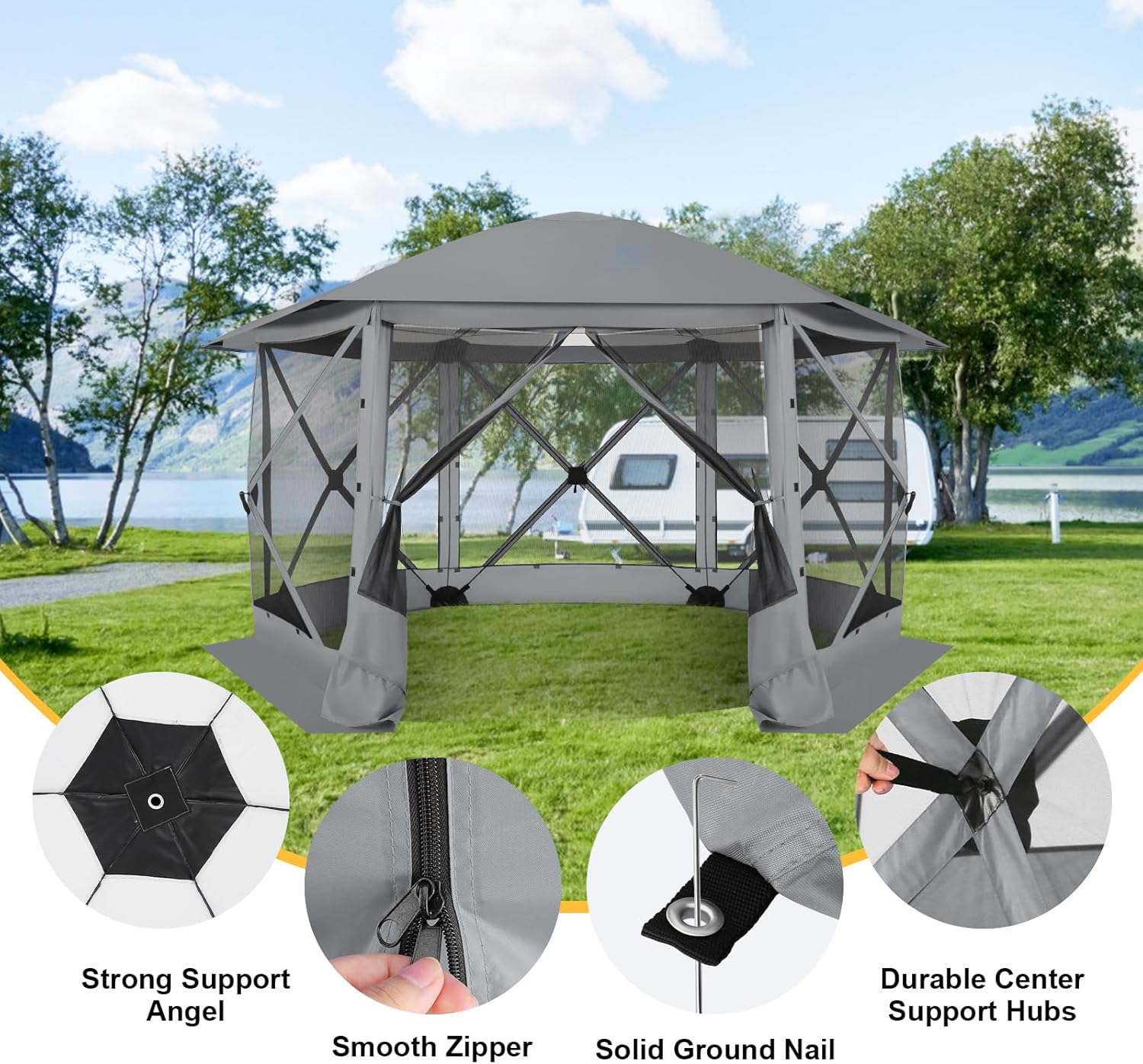 COBIZI Pop up Gazebo Screen Tent Screen House for Camping, 12x12ft Screen Room with Removable Roof, Outdoor Screened gazebo with Sidewalls, Portable Hub Tent with Carrying Bag and Ground Stakes, Grey
