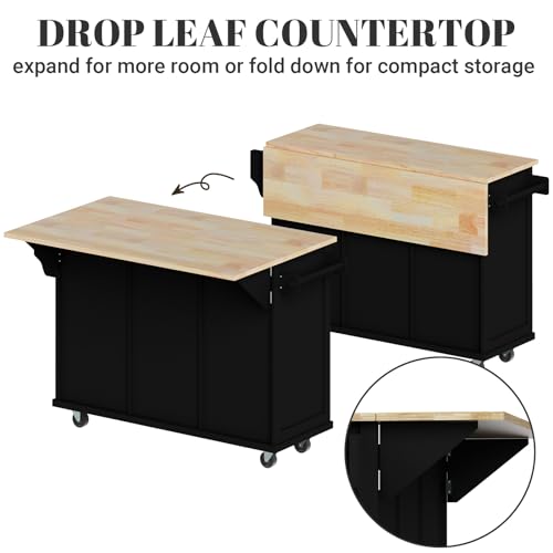 Large Kitchen Island On Wheels with Storage 54in Width Mobile Moveable Portable Rolling Wood Island for Kitchen Dining Room with Drawers Cabinet Spice Rack Towel Rack