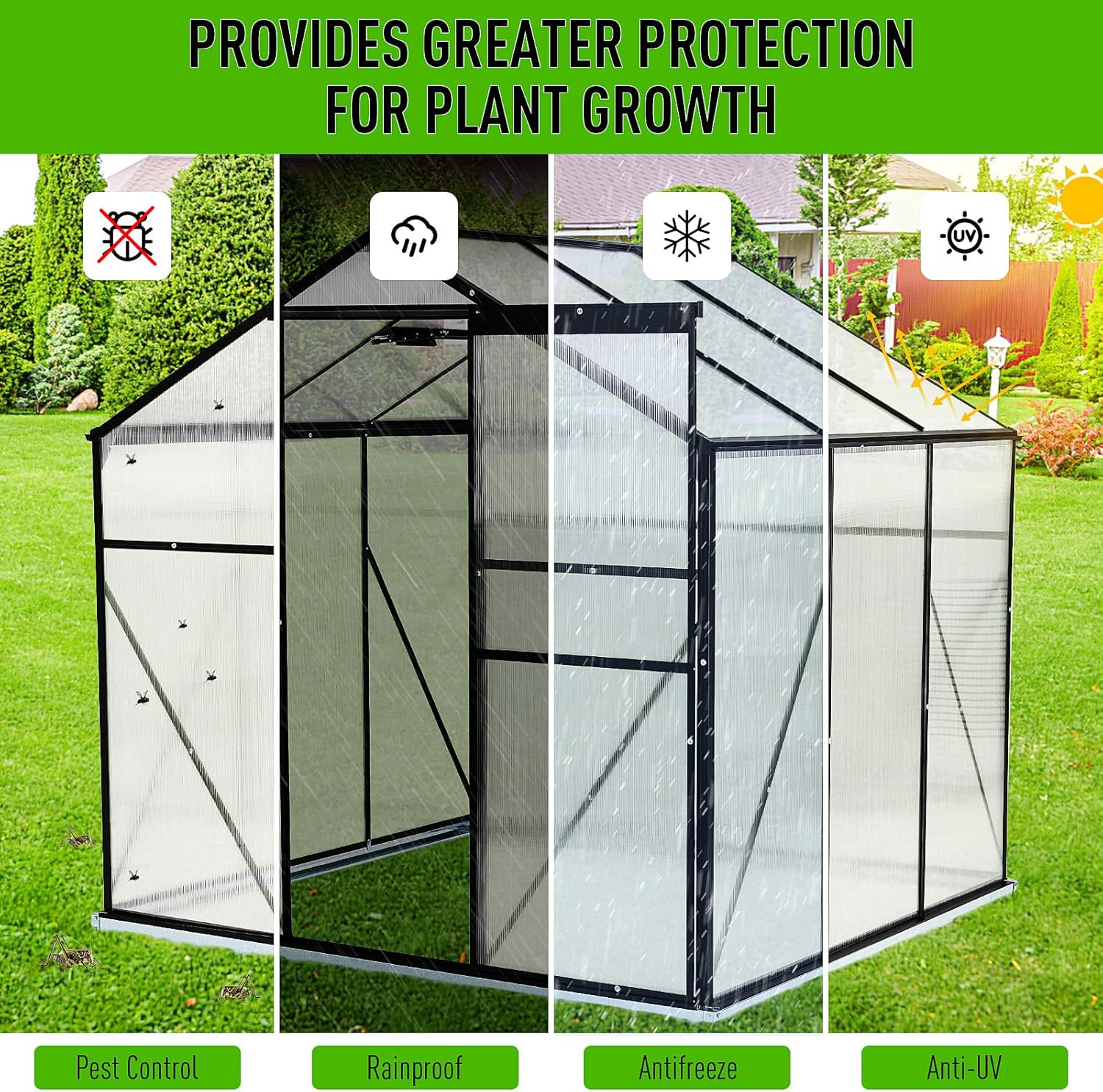 Zstar 10x6 FT Polycarbonate Greenhouses with Sliding Door and Adjustable Vent Window, Heavy Duty Outdoor Aluminum Walk-in Green House for Outdoor Garden Backyard, Greenhouses for Outdoors, Black