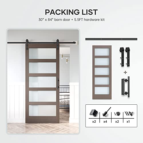 36x84 Inch Glass Sliding Barn Door Slab and 6.6ft Hardware Kit Included, 5 Frosted Glass, LVL Wood Panel Covered with White Water-Proof Scratch-Proof PVC Surface, Simple DIY Assembly