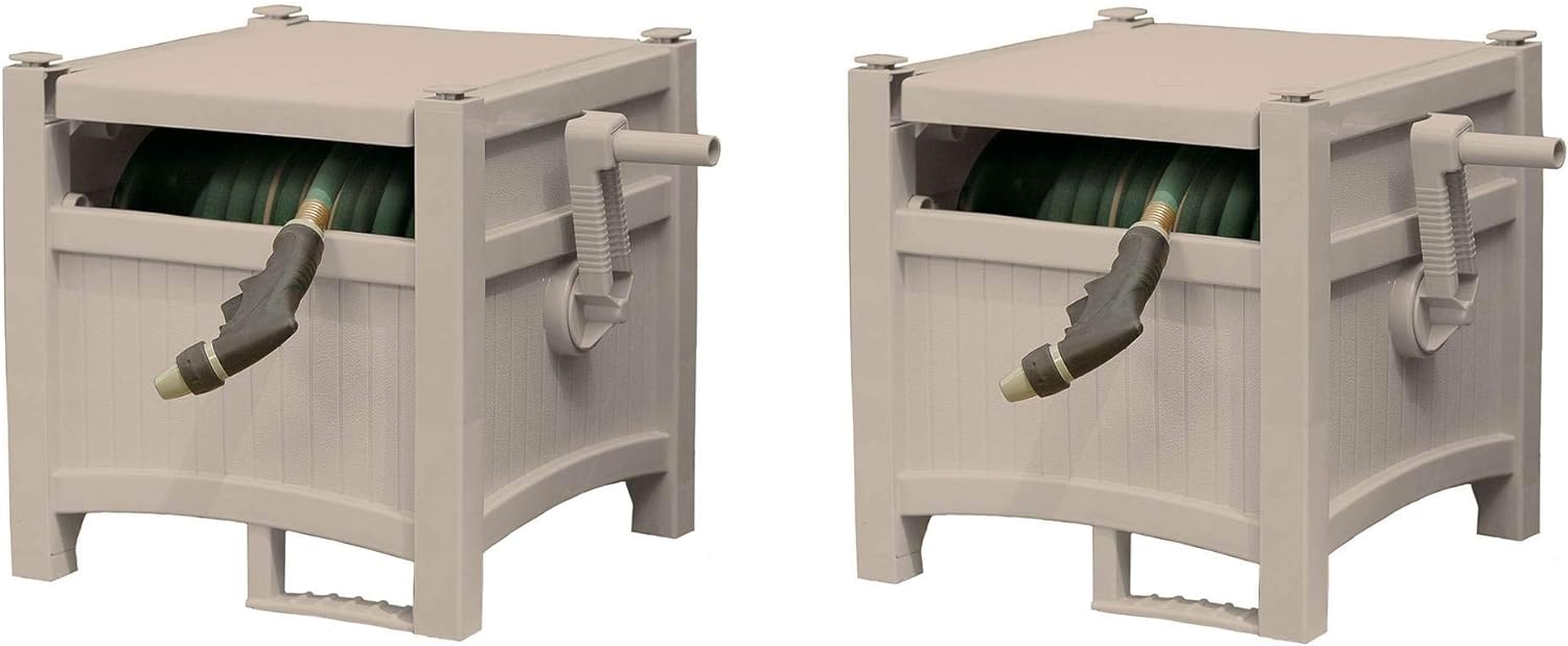 Suncast Resin Outdoor Hideaway 100 ft Durable Storage Reel with Crank Handle and Lid 100' Hose Capacity, Taupe